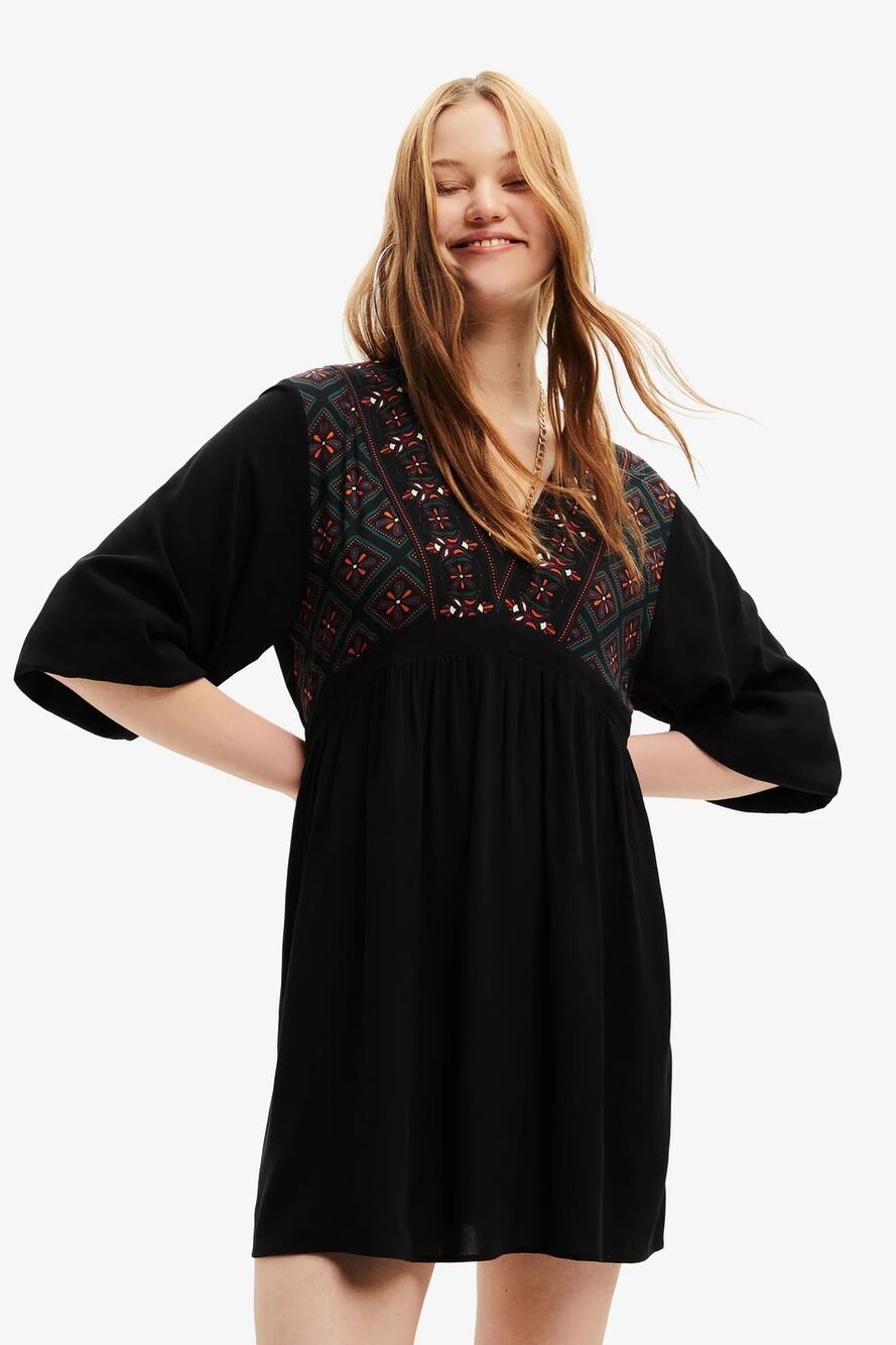 Desigual Marion Babydoll Dress Short Geometric Trim Deep V Neck Size Large Boho